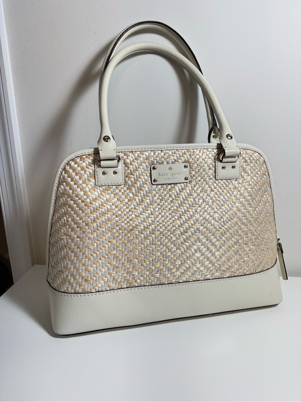 Kate Spade New York Woven Straw & Leather Satchel – Cream/Natural
